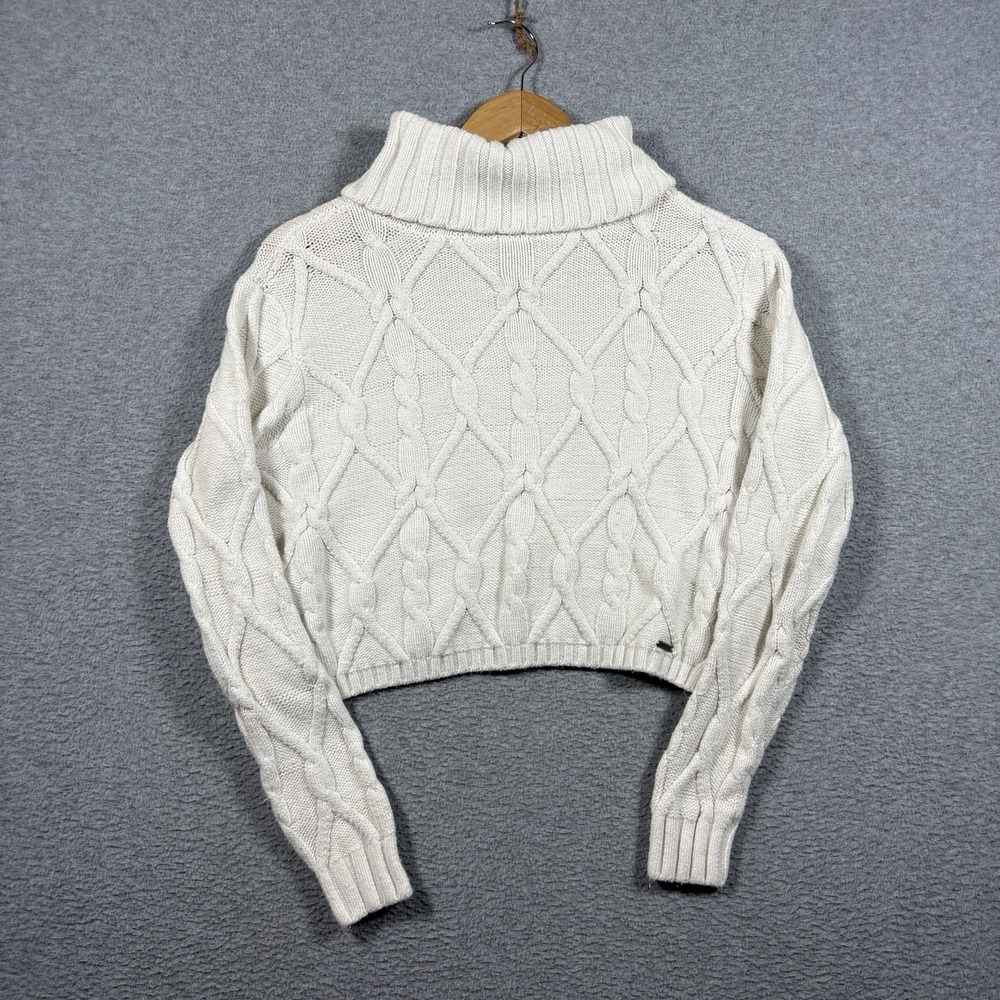 Hollister Cropped Cable Knit Turtleneck Sweater S White Ivory Chunky Boho Preppy